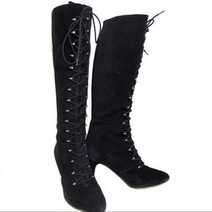 Vintage black lace-up suede knee high boots